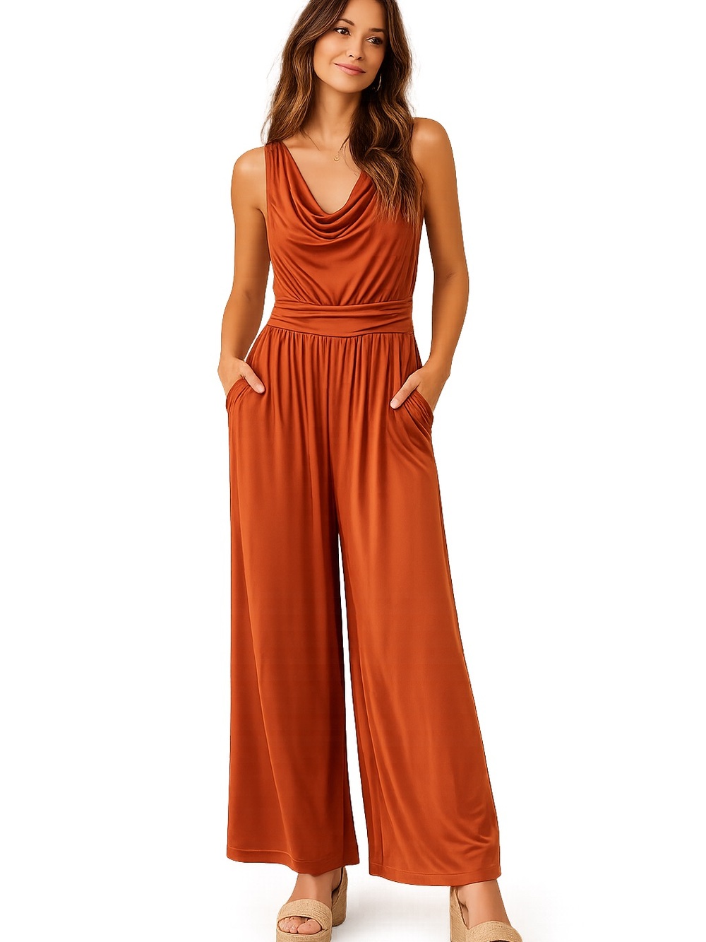 NWT Anthropologie Maeve Jumpsuit Silky Sleek Rust Color Draped Wide Leg Pockets